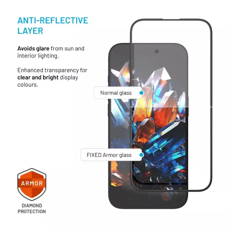 Pellicola protettiva per display FIXED per Apple iPhone 17 Pro — vetro temperato, nero, Armor con applicatore anti-polvere e strato AR