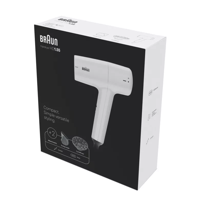 Asciugacapelli BRAUN HD1.55 — 1800 W, 2 livelli di calore, Cool shot, cavo 1,8 m, bianco