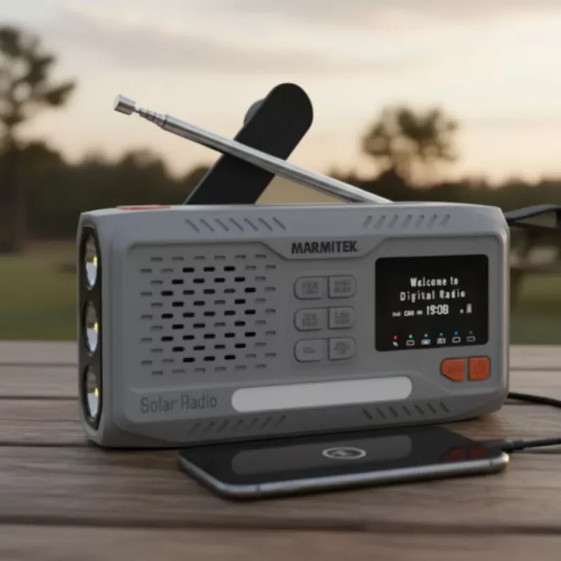 Radio a manovella portatile Marmitek RESQ 100 — DAB/DAB+/FM, 3 W, LCD, USB-C, jack 3,5 mm, grigio chiaro