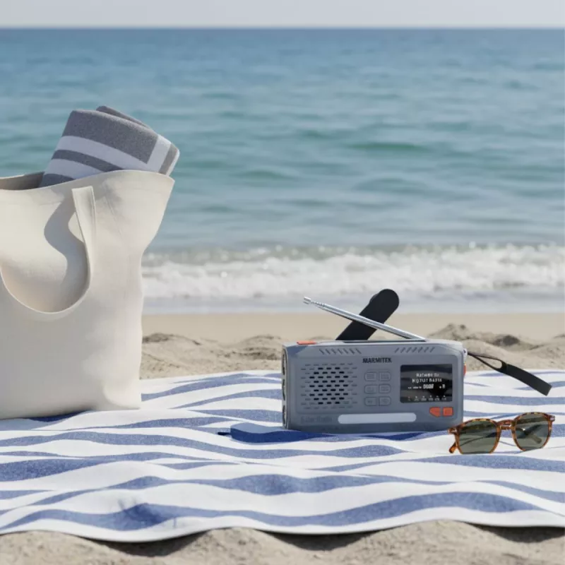 Radio a manovella portatile Marmitek RESQ 100 — DAB/DAB+/FM, 3 W, LCD, USB-C, jack 3,5 mm, grigio chiaro