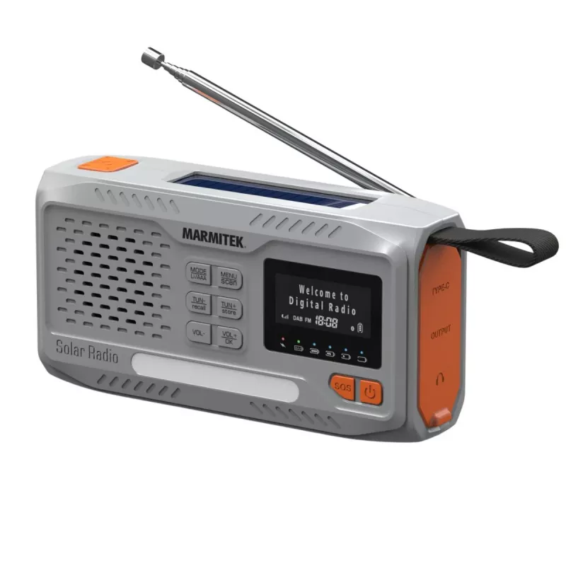 Radio a manovella portatile Marmitek RESQ 100 — DAB/DAB+/FM, 3 W, LCD, USB-C, jack 3,5 mm, grigio chiaro