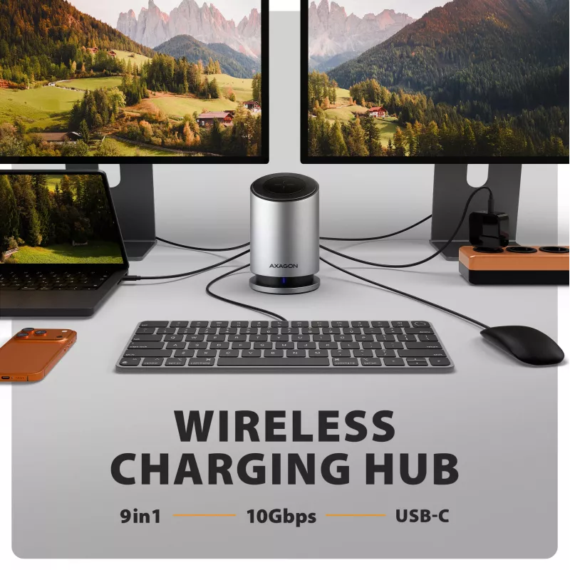 AXAGON HMC-WL9 hub docking USB-C 9-in-1 con 10 Gbit/s, 100W PD, 8K HDMI, Ethernet, ricarica wireless