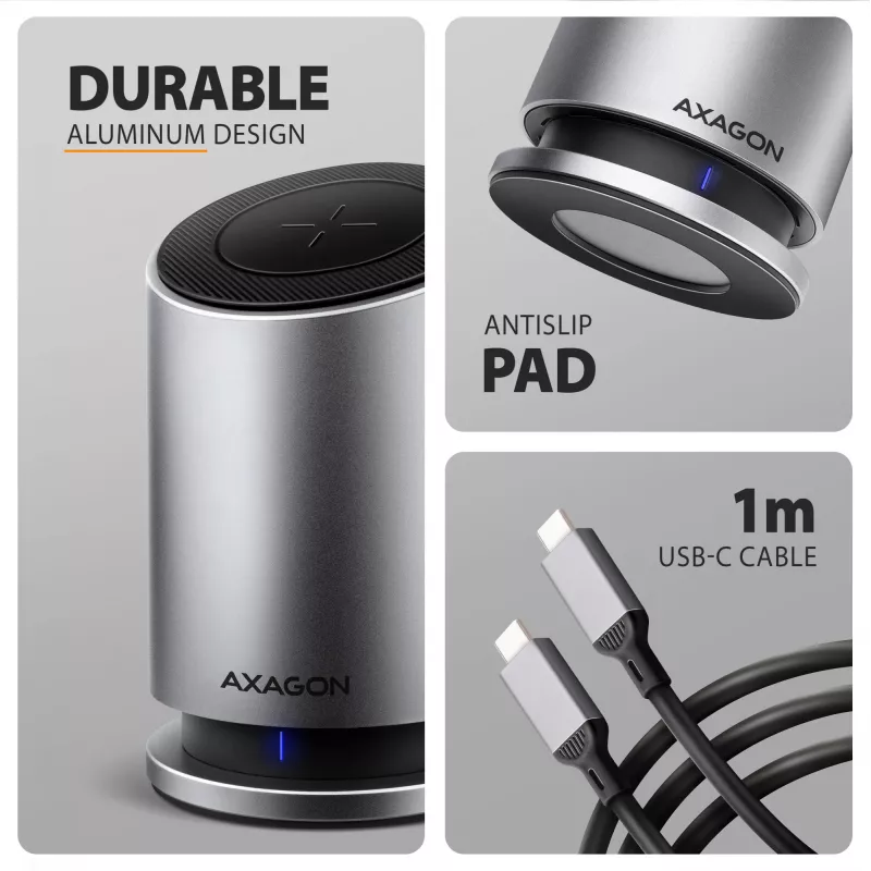 AXAGON HMC-WL9 hub docking USB-C 9-in-1 con 10 Gbit/s, 100W PD, 8K HDMI, Ethernet, ricarica wireless