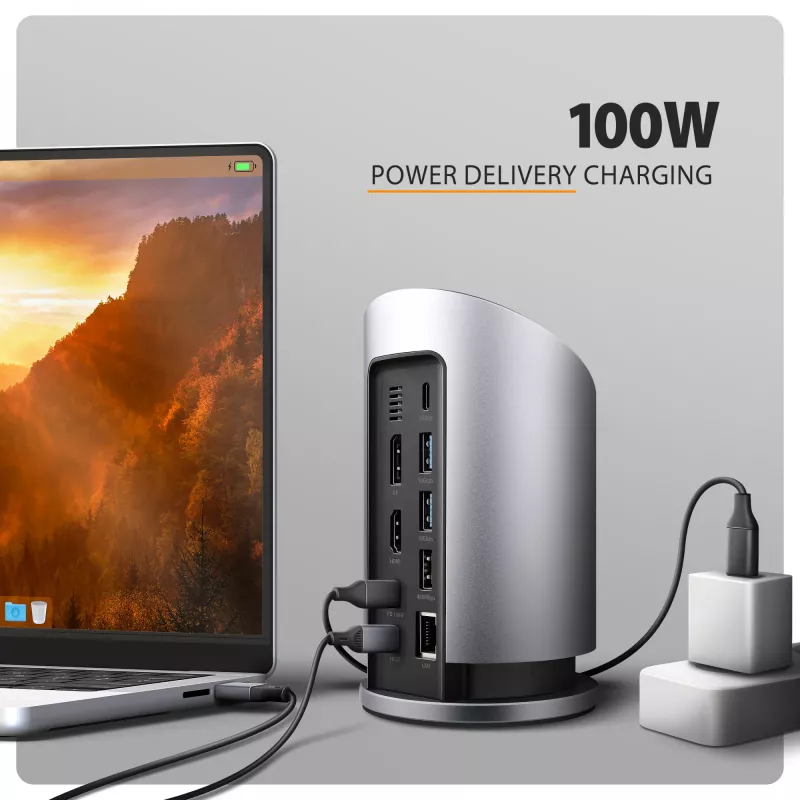 AXAGON HMC-WL9 hub docking USB-C 9-in-1 con 10 Gbit/s, 100W PD, 8K HDMI, Ethernet, ricarica wireless