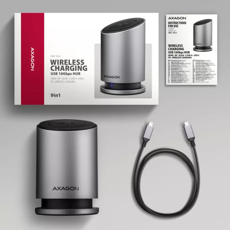 AXAGON HMC-WL9 hub docking USB-C 9-in-1 con 10 Gbit/s, 100W PD, 8K HDMI, Ethernet, ricarica wireless