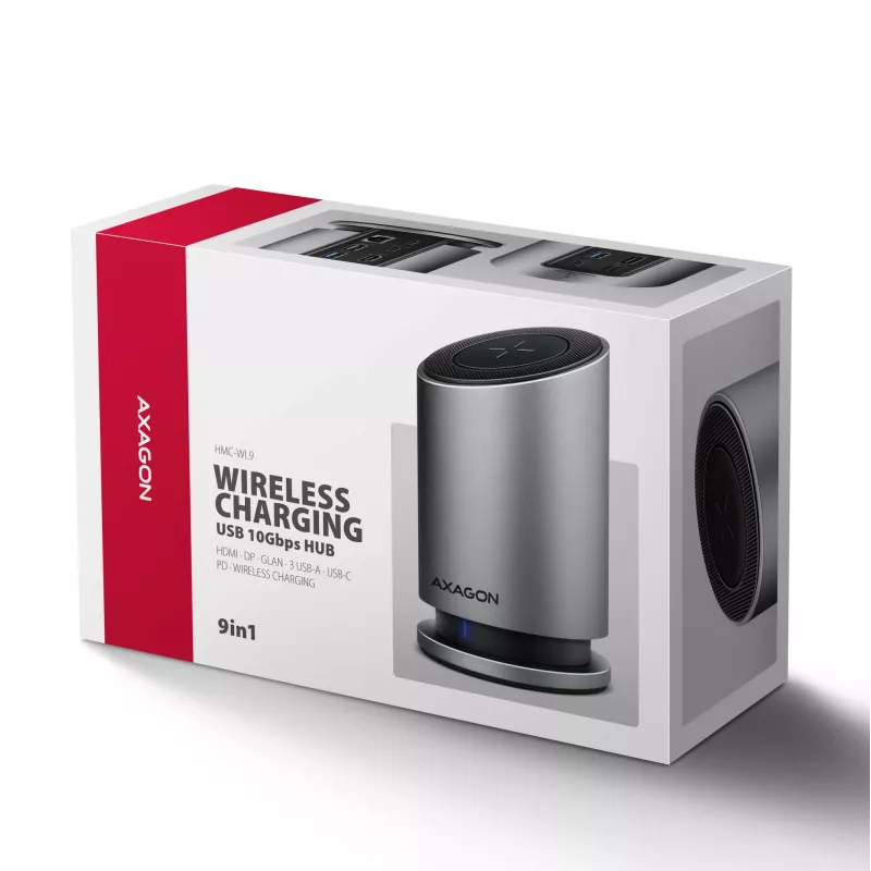 AXAGON HMC-WL9 hub docking USB-C 9-in-1 con 10 Gbit/s, 100W PD, 8K HDMI, Ethernet, ricarica wireless