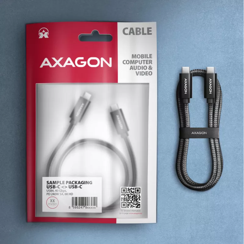 Cavo USB-C a USB-C AXAGON BUCM4X-CM05AB — USB4 Gen 3x2, 40 Gbit/s, 240 W, 0,5 m, nero