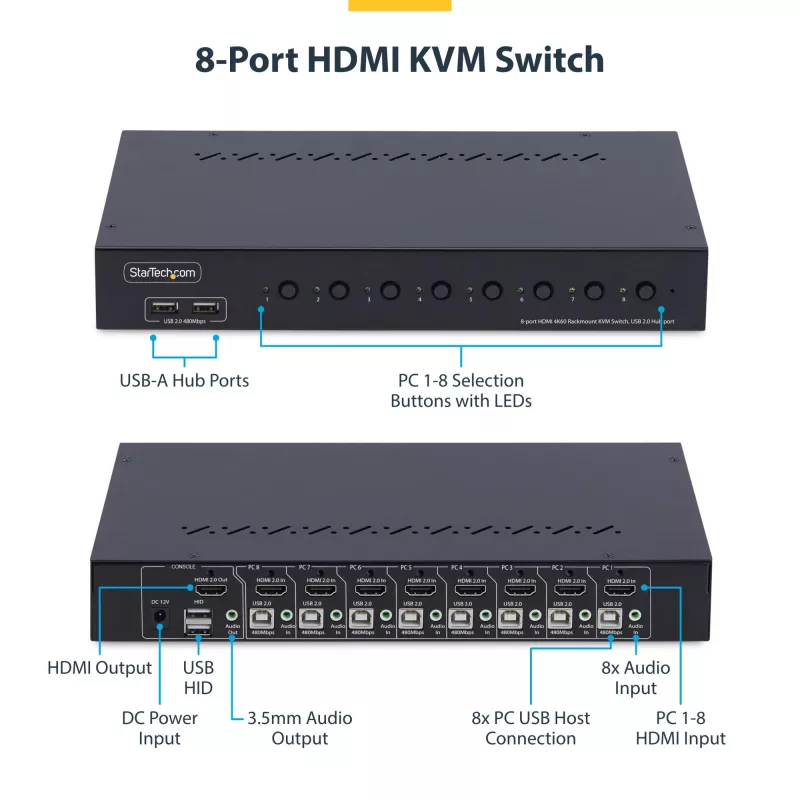StarTech.com switch KVM HDMI a 8 porte con kit rackmount 1U, 4K 60Hz HDMI 2.0, commutazione a pulsante e hotkey, hub USB a 4 porte, indipendente dal sistema operativo, conforme TAA