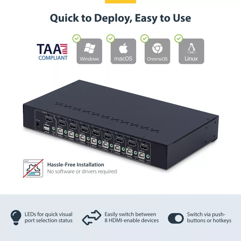 StarTech.com switch KVM HDMI a 8 porte con kit rackmount 1U, 4K 60Hz HDMI 2.0, commutazione a pulsante e hotkey, hub USB a 4 porte, indipendente dal sistema operativo, conforme TAA