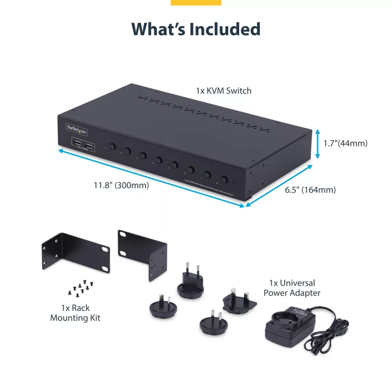 StarTech.com switch KVM HDMI a 8 porte con kit rackmount 1U, 4K 60Hz HDMI 2.0, commutazione a pulsante e hotkey, hub USB a 4 porte, indipendente dal sistema operativo, conforme TAA