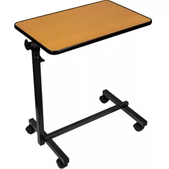 Tavolino da letto ActionMed SP100AM — tavolino regolabile in altezza, piano rettangolare, inclinabile, ruote con freno, portata max. 20 kg, colore legno