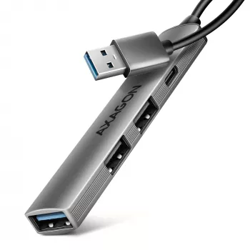 Hub USB AXAGON HUE-STA — barra in alluminio 4 porte, 1× USB-A 5 Gbit/s + 2× USB-A e 1× USB-C 480 Mbit/s, host USB-A, grigio