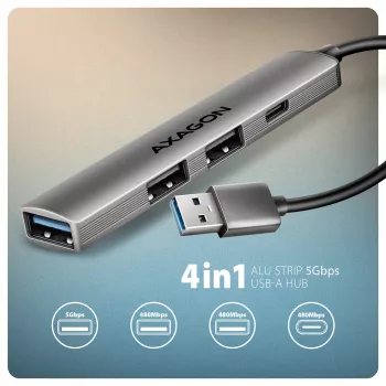Hub USB AXAGON HUE-STA — barra in alluminio 4 porte, 1× USB-A 5 Gbit/s + 2× USB-A e 1× USB-C 480 Mbit/s, host USB-A, grigio