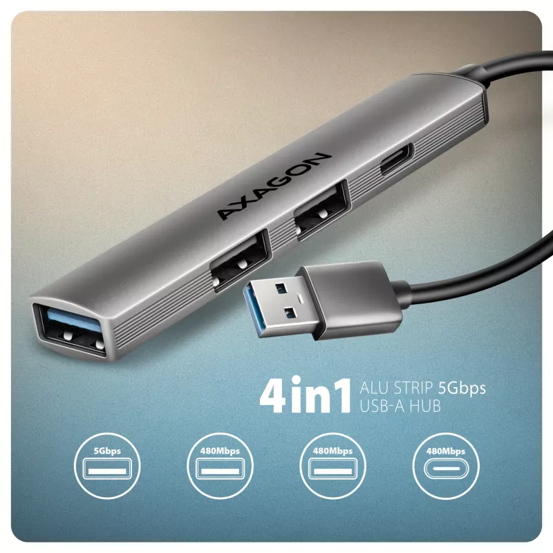 Hub USB AXAGON HUE-STA — barra in alluminio 4 porte, 1× USB-A 5 Gbit/s + 2× USB-A e 1× USB-C 480 Mbit/s, host USB-A, grigio