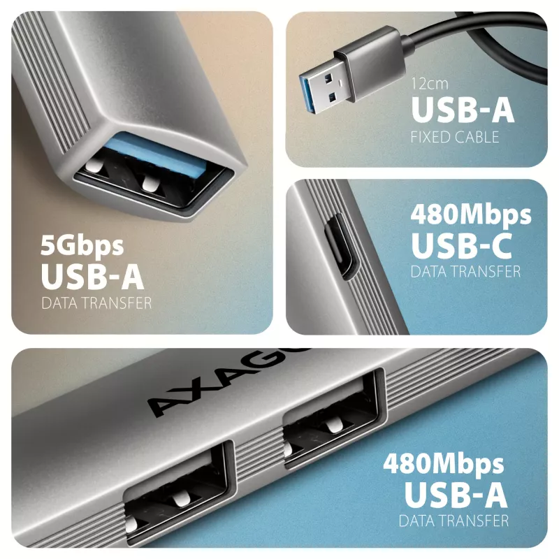 Hub USB AXAGON HUE-STA — barra in alluminio 4 porte, 1× USB-A 5 Gbit/s + 2× USB-A e 1× USB-C 480 Mbit/s, host USB-A, grigio