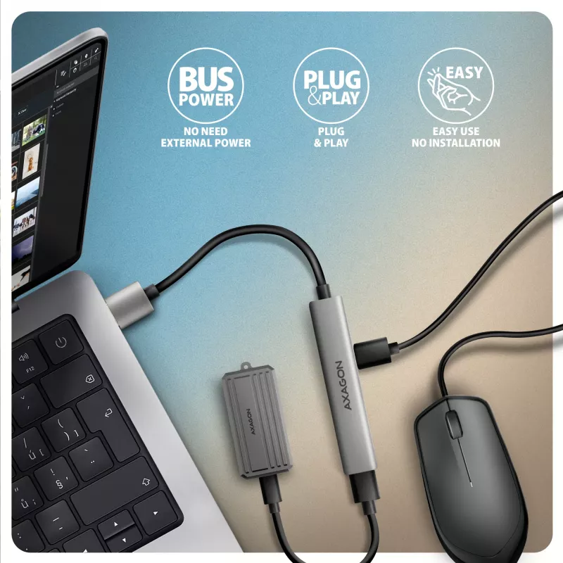 Hub USB AXAGON HUE-STA — barra in alluminio 4 porte, 1× USB-A 5 Gbit/s + 2× USB-A e 1× USB-C 480 Mbit/s, host USB-A, grigio