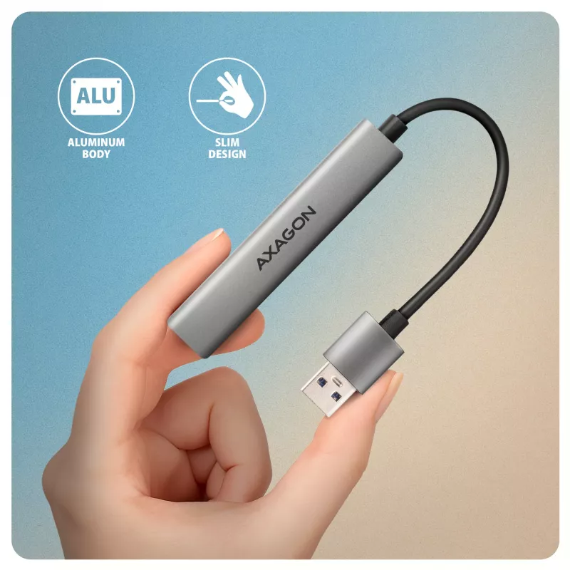 Hub USB AXAGON HUE-STA — barra in alluminio 4 porte, 1× USB-A 5 Gbit/s + 2× USB-A e 1× USB-C 480 Mbit/s, host USB-A, grigio