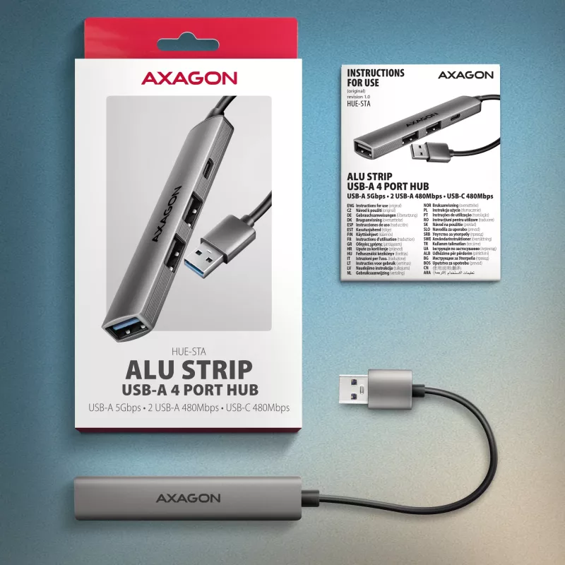 Hub USB AXAGON HUE-STA — barra in alluminio 4 porte, 1× USB-A 5 Gbit/s + 2× USB-A e 1× USB-C 480 Mbit/s, host USB-A, grigio