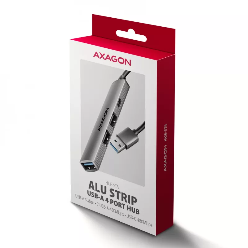 Hub USB AXAGON HUE-STA — barra in alluminio 4 porte, 1× USB-A 5 Gbit/s + 2× USB-A e 1× USB-C 480 Mbit/s, host USB-A, grigio