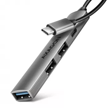 Hub USB AXAGON HUE-STC, barra in alluminio 4 porte, 1x USB-A 5 Gbit/s + 2x USB-A e 1x USB-C 480 Mbit/s, host USB-C, cavo 12 cm, grigio