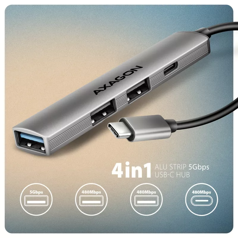 Hub USB AXAGON HUE-STC, barra in alluminio 4 porte, 1x USB-A 5 Gbit/s + 2x USB-A e 1x USB-C 480 Mbit/s, host USB-C, cavo 12 cm, grigio