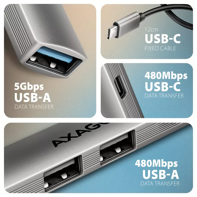 Hub USB AXAGON HUE-STC, barra in alluminio 4 porte, 1x USB-A 5 Gbit/s + 2x USB-A e 1x USB-C 480 Mbit/s, host USB-C, cavo 12 cm, grigio