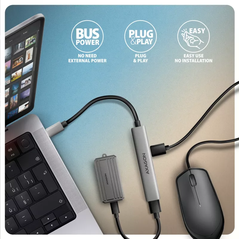Hub USB AXAGON HUE-STC, barra in alluminio 4 porte, 1x USB-A 5 Gbit/s + 2x USB-A e 1x USB-C 480 Mbit/s, host USB-C, cavo 12 cm, grigio