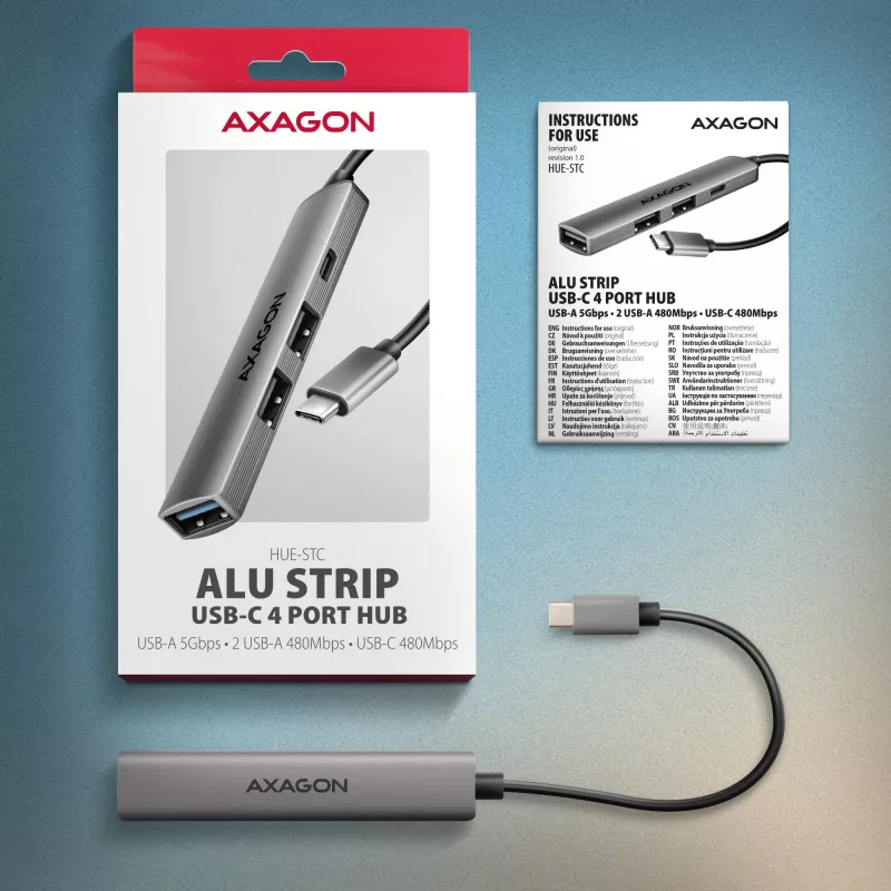 Hub USB AXAGON HUE-STC, barra in alluminio 4 porte, 1x USB-A 5 Gbit/s + 2x USB-A e 1x USB-C 480 Mbit/s, host USB-C, cavo 12 cm, grigio
