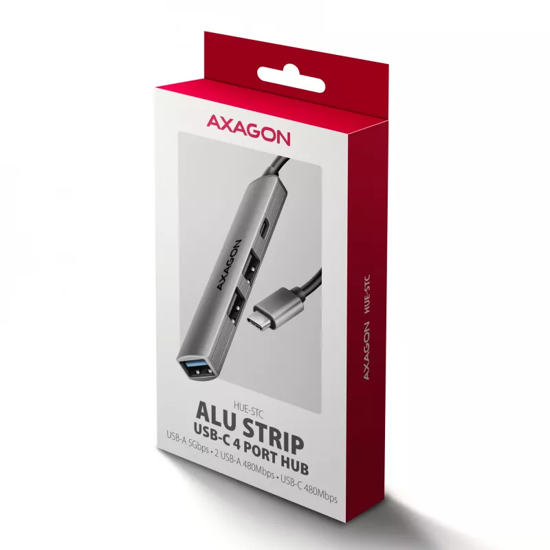 Hub USB AXAGON HUE-STC, barra in alluminio 4 porte, 1x USB-A 5 Gbit/s + 2x USB-A e 1x USB-C 480 Mbit/s, host USB-C, cavo 12 cm, grigio