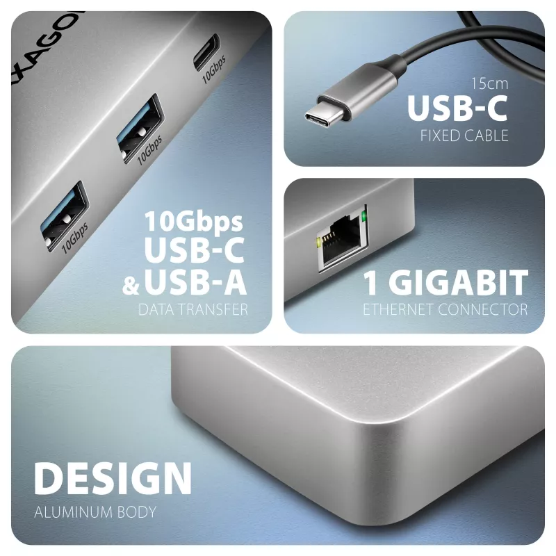 Axagon HMC-CUB83X2 Hub USB 10Gbps, 2x USB-A, USB-C, HDMI e DP 4K/144Hz, RJ-45, PD 100W