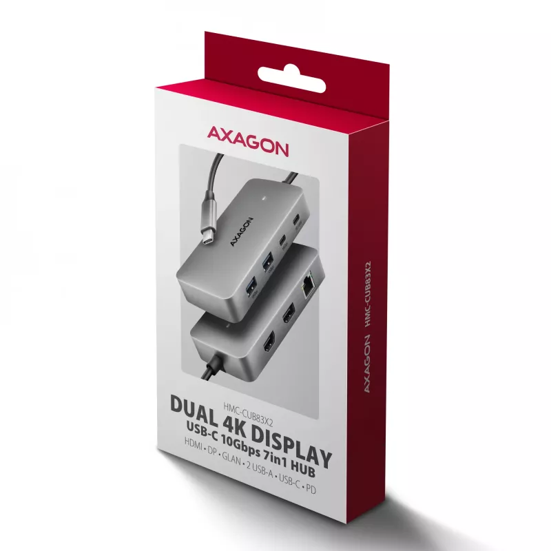 Axagon HMC-CUB83X2 Hub USB 10Gbps, 2x USB-A, USB-C, HDMI e DP 4K/144Hz, RJ-45, PD 100W