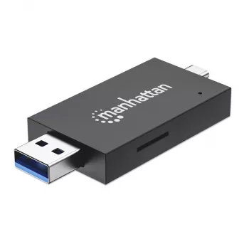Manhattan Lettore/scrittore multi-card combo USB-A / USB-C, 5 Gbit/s (USB 3.2 Gen1 alias USB 3.0), connettore maschio su slot microSD e SD/MMC, formato mini, SuperSpeed USB, Windows o Mac, nero/trasparente, tre anni di garanzia