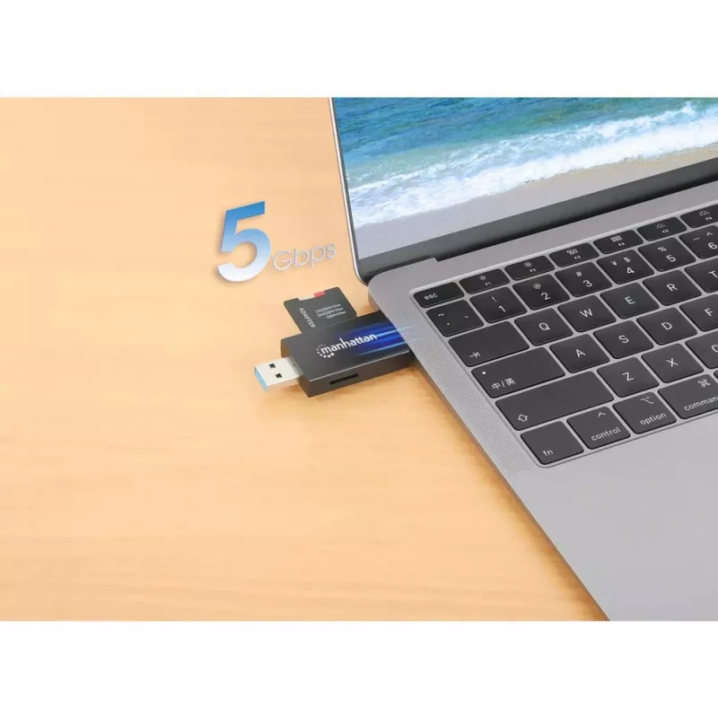 Manhattan Lettore/scrittore multi-card combo USB-A / USB-C, 5 Gbit/s (USB 3.2 Gen1 alias USB 3.0), connettore maschio su slot microSD e SD/MMC, formato mini, SuperSpeed USB, Windows o Mac, nero/trasparente, tre anni di garanzia