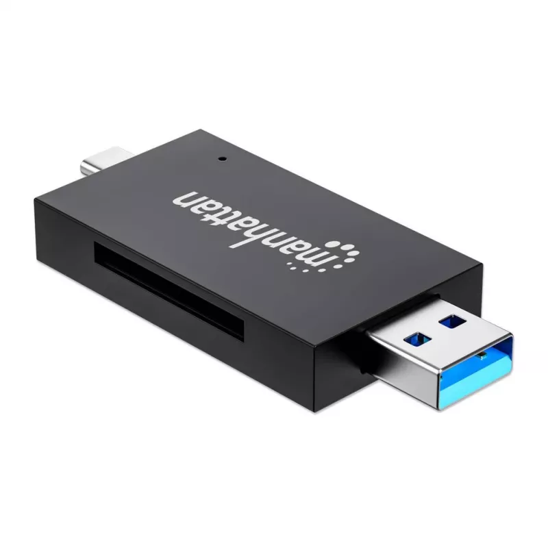 Manhattan Lettore/scrittore multi-card combo USB-A / USB-C, 5 Gbit/s (USB 3.2 Gen1 alias USB 3.0), connettore maschio su slot microSD e SD/MMC, formato mini, SuperSpeed USB, Windows o Mac, nero/trasparente, tre anni di garanzia