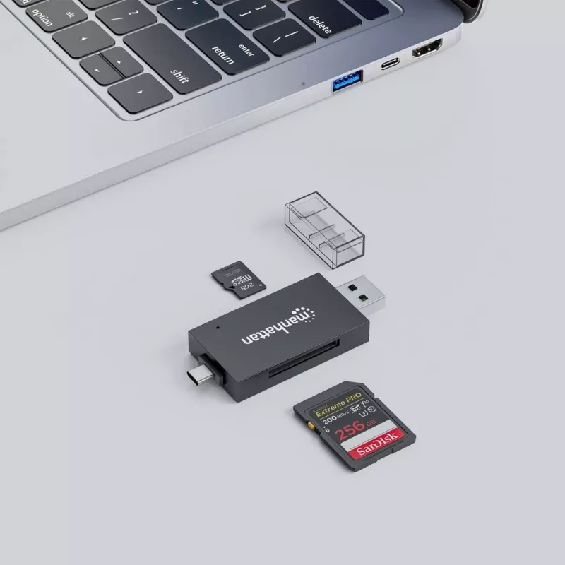Manhattan Lettore/scrittore multi-card combo USB-A / USB-C, 5 Gbit/s (USB 3.2 Gen1 alias USB 3.0), connettore maschio su slot microSD e SD/MMC, formato mini, SuperSpeed USB, Windows o Mac, nero/trasparente, tre anni di garanzia