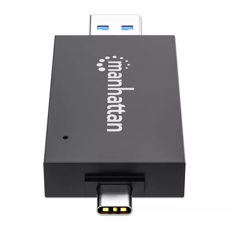 Manhattan Lettore/scrittore multi-card combo USB-A / USB-C, 5 Gbit/s (USB 3.2 Gen1 alias USB 3.0), connettore maschio su slot microSD e SD/MMC, formato mini, SuperSpeed USB, Windows o Mac, nero/trasparente, tre anni di garanzia
