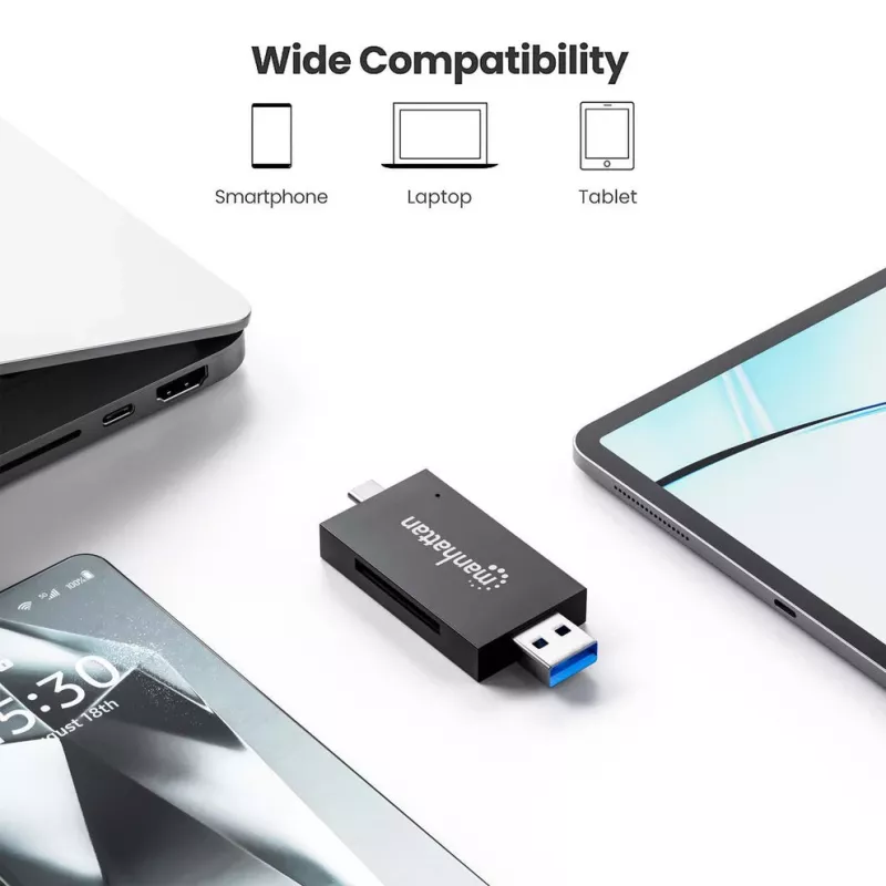 Manhattan Lettore/scrittore multi-card combo USB-A / USB-C, 5 Gbit/s (USB 3.2 Gen1 alias USB 3.0), connettore maschio su slot microSD e SD/MMC, formato mini, SuperSpeed USB, Windows o Mac, nero/trasparente, tre anni di garanzia