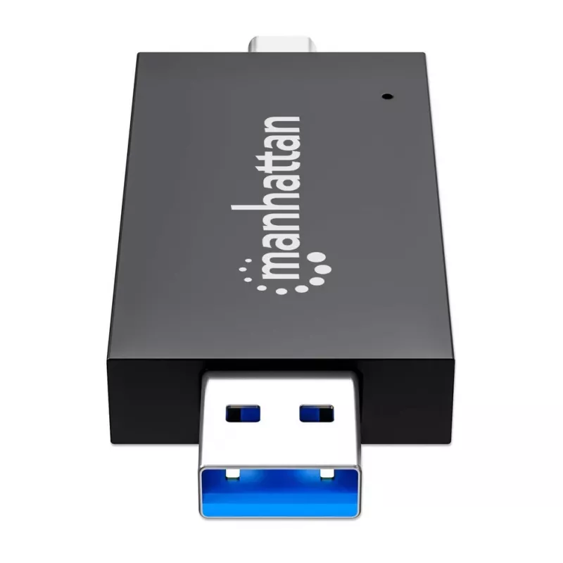 Manhattan Lettore/scrittore multi-card combo USB-A / USB-C, 5 Gbit/s (USB 3.2 Gen1 alias USB 3.0), connettore maschio su slot microSD e SD/MMC, formato mini, SuperSpeed USB, Windows o Mac, nero/trasparente, tre anni di garanzia
