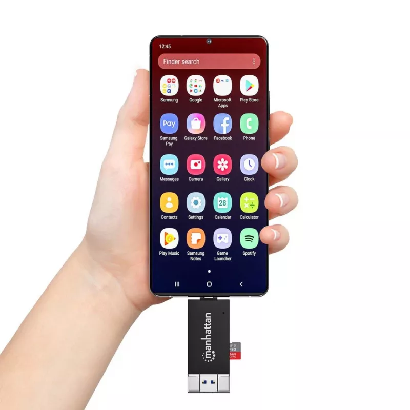 Manhattan Lettore/scrittore multi-card combo USB-A / USB-C, 5 Gbit/s (USB 3.2 Gen1 alias USB 3.0), connettore maschio su slot microSD e SD/MMC, formato mini, SuperSpeed USB, Windows o Mac, nero/trasparente, tre anni di garanzia