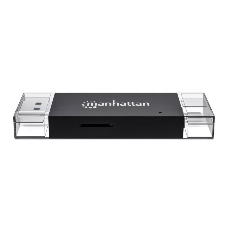Manhattan Lettore/scrittore multi-card combo USB-A / USB-C, 5 Gbit/s (USB 3.2 Gen1 alias USB 3.0), connettore maschio su slot microSD e SD/MMC, formato mini, SuperSpeed USB, Windows o Mac, nero/trasparente, tre anni di garanzia