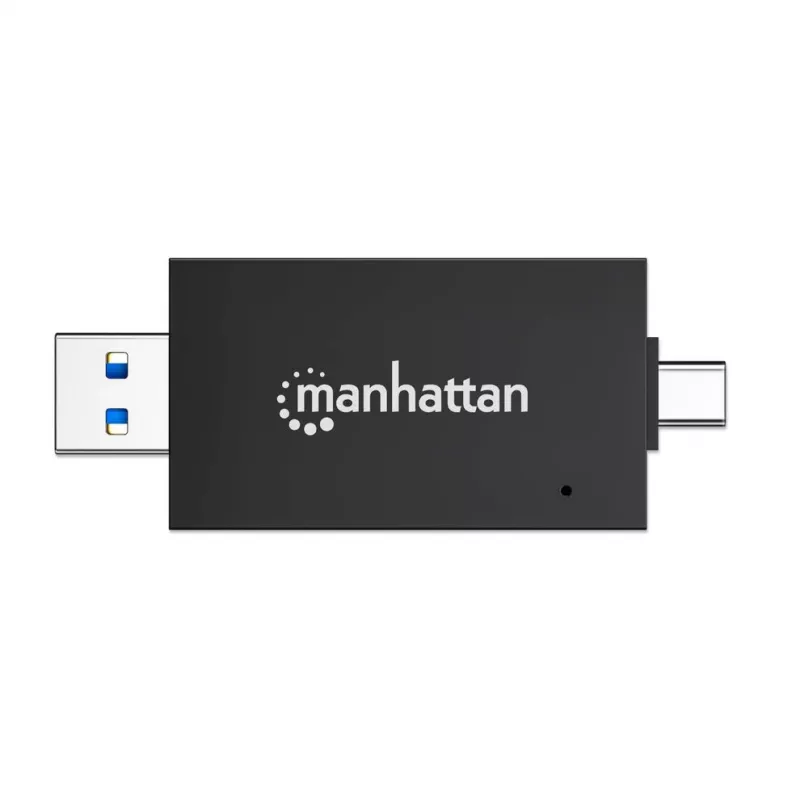 Manhattan Lettore/scrittore multi-card combo USB-A / USB-C, 5 Gbit/s (USB 3.2 Gen1 alias USB 3.0), connettore maschio su slot microSD e SD/MMC, formato mini, SuperSpeed USB, Windows o Mac, nero/trasparente, tre anni di garanzia