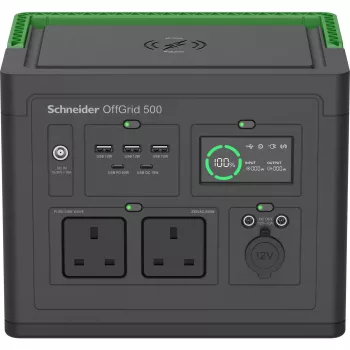 APC SE OffGrid Powerstation portatile 500 – batteria Li-Ion, LCD, 2x prese UK, 3x USB-A, 2x USB-C, 3x 12V, caricatore wireless