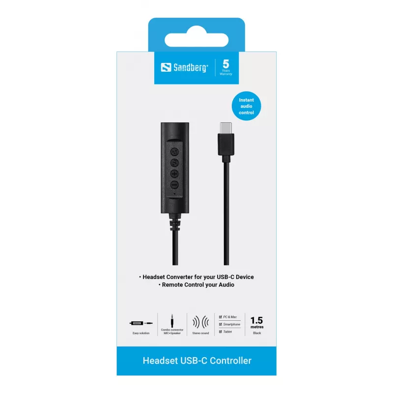 Cuffie Sandberg USB-C Controller, 1,5 m, controller, 25 g, nero