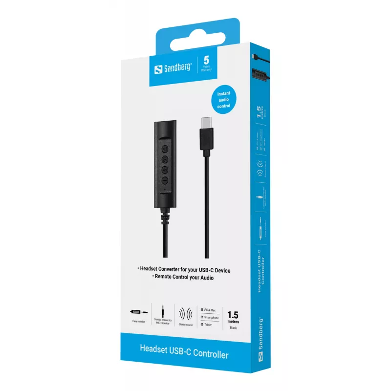 Cuffie Sandberg USB-C Controller, 1,5 m, controller, 25 g, nero
