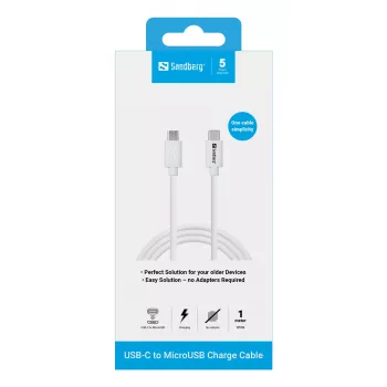 Cavo di ricarica Sandberg USB-C>MicroUSB 1m, 1 m, USB C, Micro-USB B, bianco