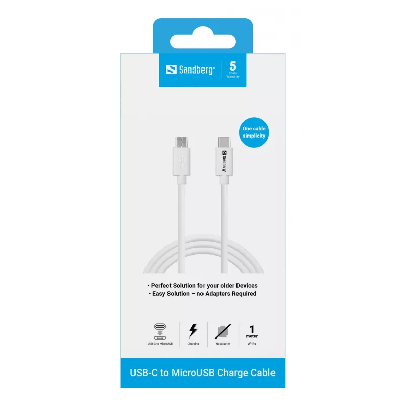 Cavo di ricarica Sandberg USB-C>MicroUSB 1m, 1 m, USB C, Micro-USB B, bianco