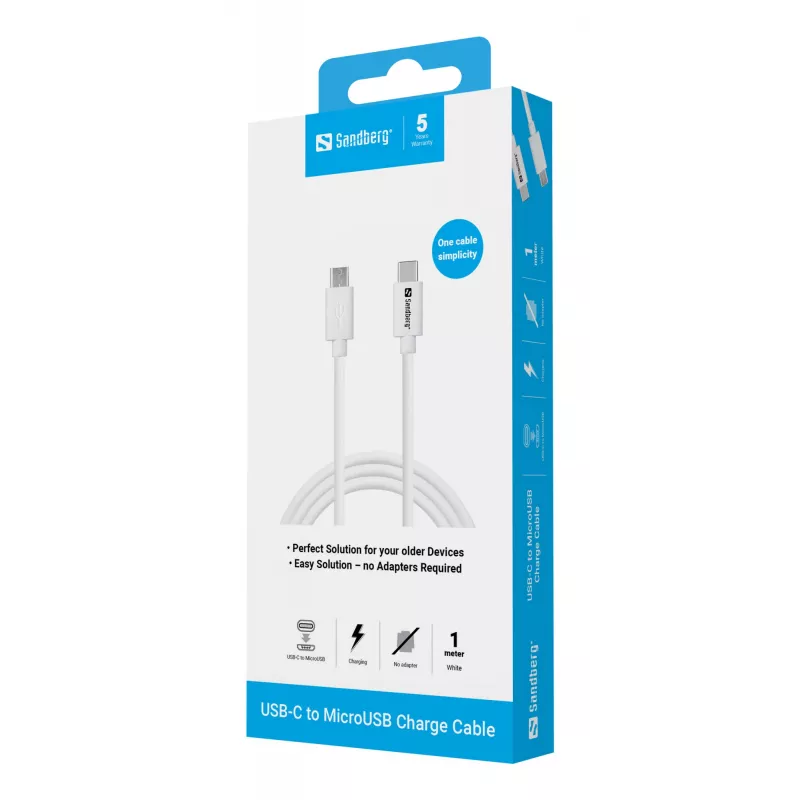 Cavo di ricarica Sandberg USB-C>MicroUSB 1m, 1 m, USB C, Micro-USB B, bianco