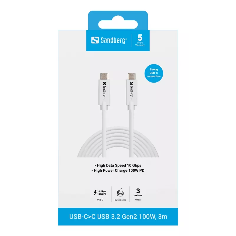 Sandberg USB-C a USB-C USB 3.2 Gen2 100W, 3m, 3 m, USB C, USB C, USB 3.2 Gen 2 (3.1 Gen 2), 10 Gbit/s, bianco