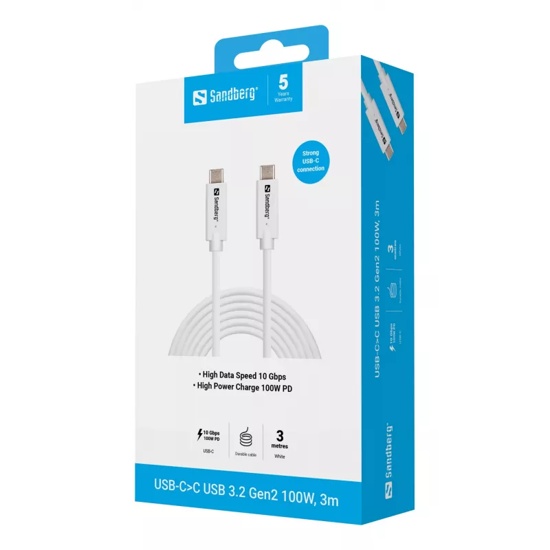 Sandberg USB-C a USB-C USB 3.2 Gen2 100W, 3m, 3 m, USB C, USB C, USB 3.2 Gen 2 (3.1 Gen 2), 10 Gbit/s, bianco