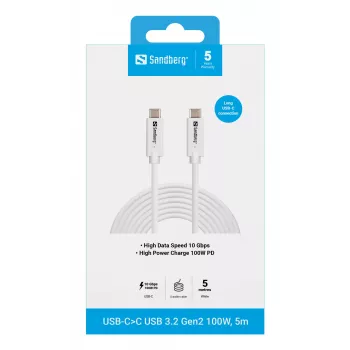 Sandberg USB-C>C USB 3.2 Gen2 100W, 5m, 5 m, USB C, USB C, USB 3.2 Gen 2 (3.1 Gen 2), 10 Gbit/s, bianco